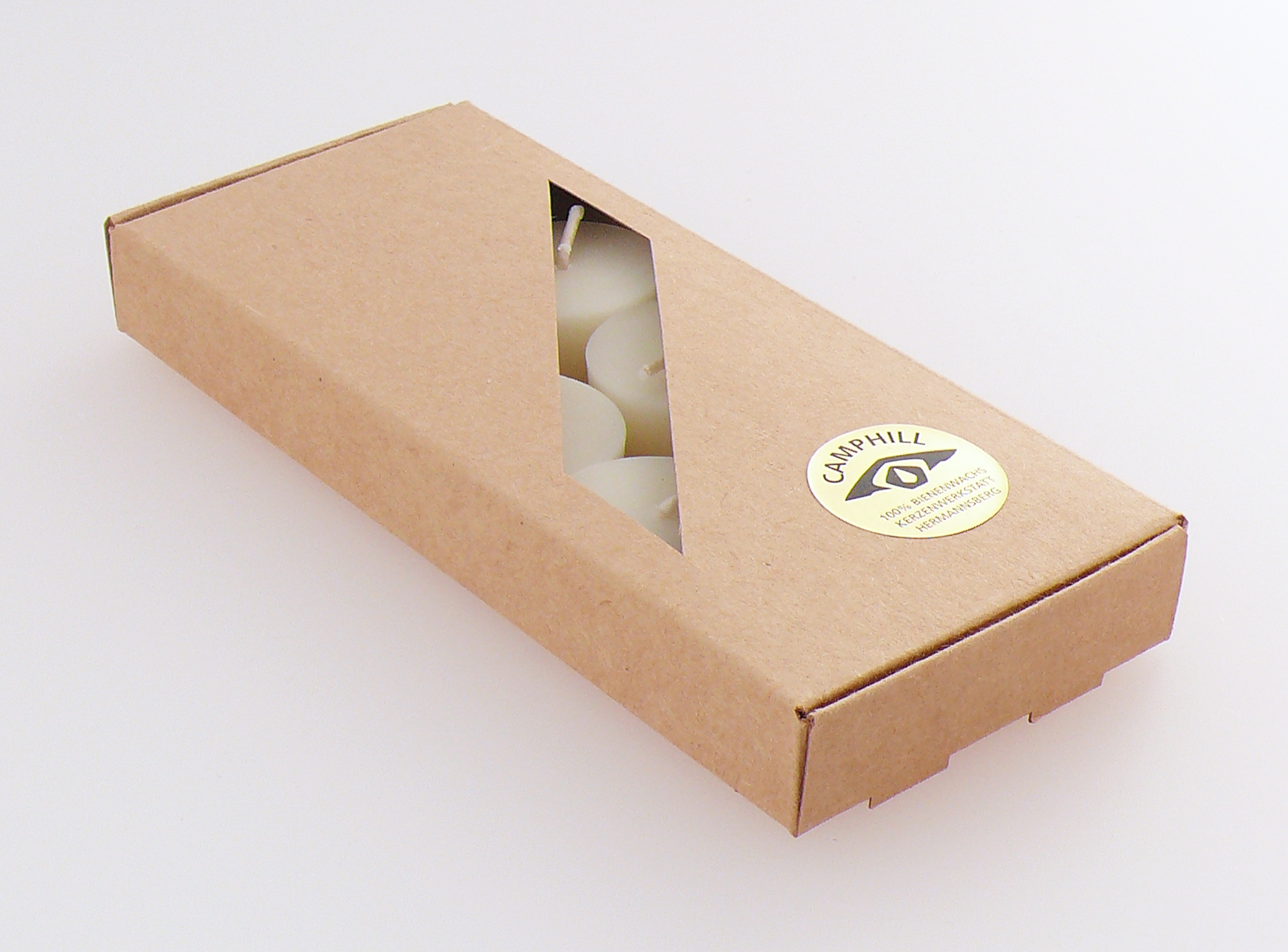 Schachtel mit 10 Teelichtern aus Bienenwachs in cremeweiß