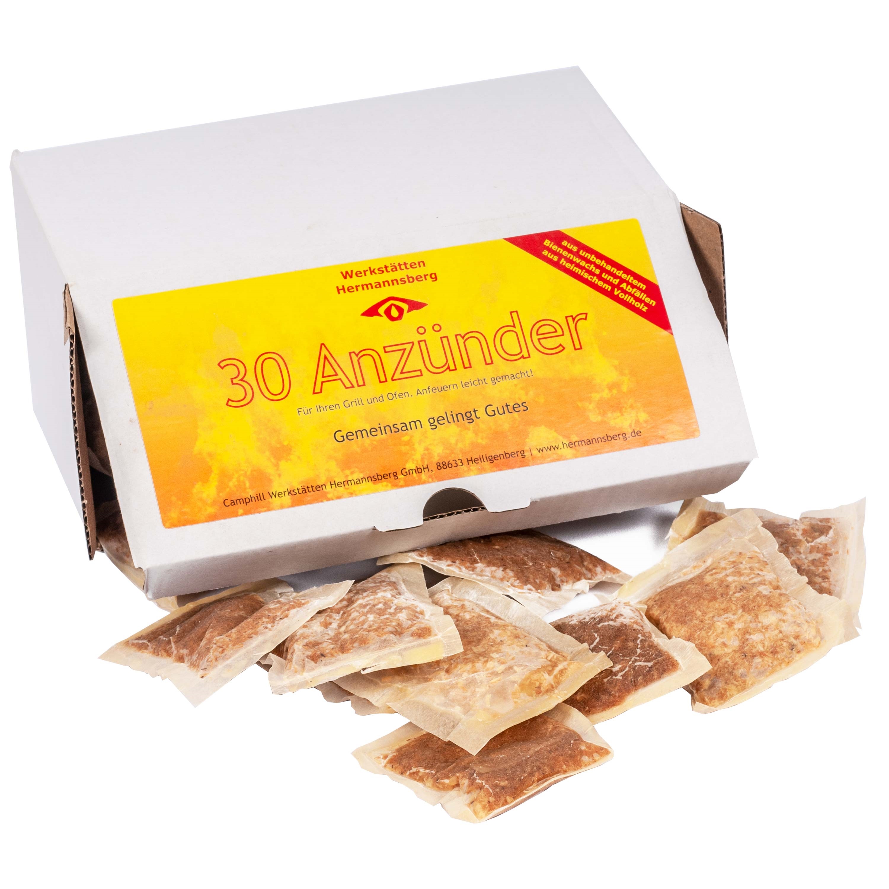 Feueranzünder aus Bienenwachsabfällen und heimischen Vollholz